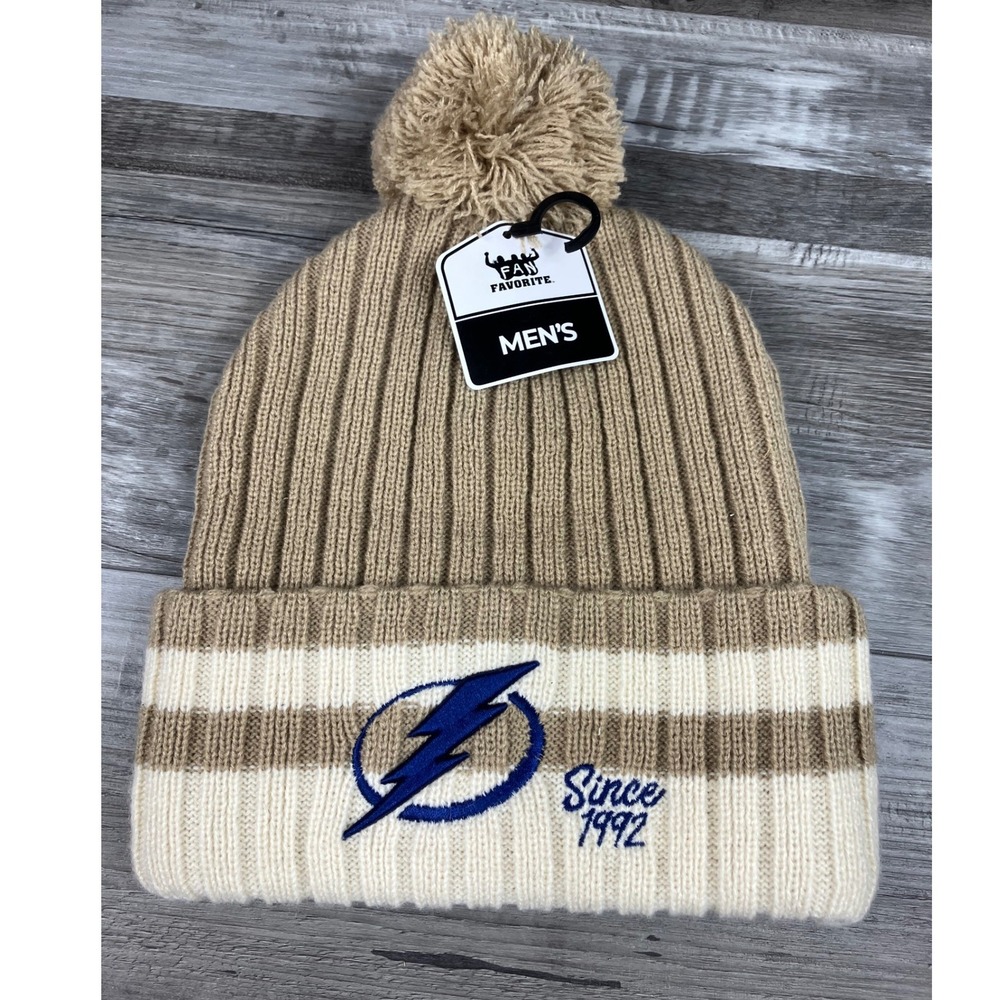 Fan Favorite NHL Tampa Bay Lightning Mens Tan Cream Pom Cuffed Beanie Hat NWT